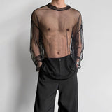 Riolio  Mens Lightweight Sheer Starry-Print Mesh T-Shirt Fashion Streetwear Clubwear Niche Sexy Outerwear Long Sleeve Top New