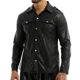 Riolio Men's Leather Shirts Fashion PU Leather T-shirt Long Sleeve