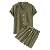 Cool Summer Comfortable Short-Sleeved Button Shirt Sets Men's Solid Color Shirt Shorts Suit Men's Cotton and Linen Casual Suit