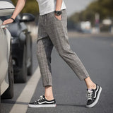 Riolio Men's Straight-leg Pants Spring and Summer New Linen Plaid Retro Fashion Casual Nine Points Pants Men's Clothing Ankle Trousers
