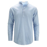 Riolio Men's Cotton Linen Long Sleeve Polo Shirt Lightweight Henley Neck Hawaiian Beach Style Solid Color Tops Vacation T-shirt