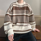 Riolio Autumn Winter New Round Neck Long Sleeve Embroidered Sweater Men Fashion Contrast Color Striped Loose Casual All-match Tops