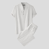 Riolio Casual Well Fitting Suits  New Men's Solid Short Sleeve V-Collar Tops Trousers Simple All-match Two-piece Sets S-5XL