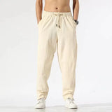 Riolio  New Spring and Autumn Fashion Trend Loose Relaxed High Waist Panel Pocket Solid Color Versatile Men's Linen Harlan Pants