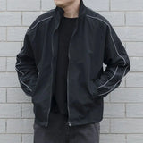 Riolio Jackets Men Autumn Pockets Casual Patchwork Loose Windbreaker Stripe Zipper Stand Collar Waterproof Outdoor Sports Bomber Jacket