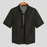 Riolio Casual Simple Style Tops New Men Textured Slightly See-through Blouse Fashion Solid Chest Slit Short Sleeve Shirts S-5XL