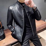 Riolio New Men Leather Jacket Classic Slim Fit Motorcycle PU Leather Jacket Solid Color Standing Collar Men Large Black Leather Jacket