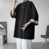 Riolio  Spring Summer Men's Ice Silk T-shirts Women Oversized Plaid T-shirt Korean Style Casual Seven sleeves T-Shirt Male