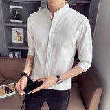 Riolio  New Men Shirt Summer Sky Blue Quarter Sleeve Cardigan Stand Collar Zhongshan Top