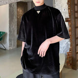 Riolio  Summer Velvet Stand-up Collar Short-sleeved Men's T-shirt Personality Triangle Logo Trend Loose Top Ruffian Handsome Retro
