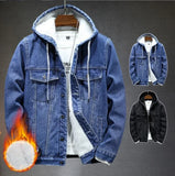 Riolio New Thicker And Warmer Men's Hooded Denim Jacket Winter Lambswool Hooded And Padded Denim Jacket Size