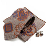 Riolio  New Men's Polyester Tie Pocket Square Cufflink Set Green Wine Red Brown Paisley Flower Necktie Business Party Accessories Gifts