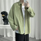 Riolio Spring Autumn Fashion Polo Neck Long Sleeved Shirt Men's Clothing Casual Versatile Solid Color Pocket Button Rope Hombre Tops