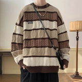 Riolio Japanese Style Vintage Color Blocking Cable Knit Striped Round Neck Sweater For Men And Women Winter Warm Preppy Thickened Knit