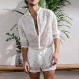 Riolio men summer outfits Hollow Out Sexy Lace Suit Fashion Long Sleeve Shirt Casual Shorts Men'S Clothing Suit Solid Color Matching Summer Suit For Male