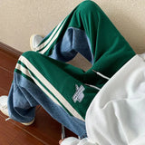 Riolio  Mens Y2K Tracksuits Denim Drawstring Casual Pants Street Straight Pants Unisex Fashion Stitching Contrast Jeans Hip-Hop Trousers