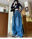 Riolio  Cargo Jean Loose Wide Leg Workwear Jeans Elastic Waist Men and Women Spring Autumn Faion Brand Waed Out Trousers Straight Cut