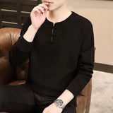 Riolio  Men's Spring and Autumn New Patchwork O-Neck Buckle Fashionable Solid Color Versatile Casual Long Sleeved Top