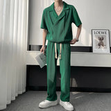 Riolio Japanese street fashion men Summer Pleated Sets Men Fashion Casual Short Sleeved T shirt/Trousers Two-piece Mens Korean Loose Ice Silk Sets Men 3-color