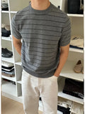 Riolio  Men Crew Neck Striped Knit Short Sleeve T Shirt Loose Old Money Style Breathable Casual Summer Basic Top