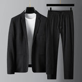 Riolio 2Pcs Men Blazer Pants Set Spring Fashion Suit Stripe Pleats Long Sleeve Turndown Collar Jacket Drawstring Trousers for Wedding