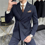 Riolio  ( Blazer+Vest+Pants ) Groom Wedding Male Suit Luxury Brand Fashion Striped Men's Casual Business Office Double Breasted Suit
