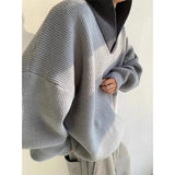 Riolio  Korean style trendy men and women retro contrasting color pullover sweater for couples loose and lazy casual Harajuku knitted