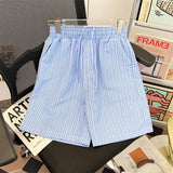 Riolio  Blue Striped Beach orts ex Summer Loose Casual Dstring Mid-Thigh Beach Vaion Couple's Five-Quarter Length Pants
