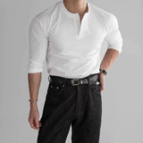 Riolio  New American Fashion Men Henry Collar T-shirt Light Luxury Solid Color Long Sleeve Tops Leisure Light Business Basic Shirt M-3XL