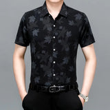 Riolio  Men's Summer Ice Silk Short Sleeved Shirt Maple Leaf Print Business Casual Trend
