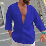 Riolio  Summer Fashion Solid Shirts For Men Top Casual Loose Simple Retro Cardigan Quarter Sleeves Pullover Waffle Shirts Male Clothing