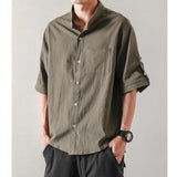 Riolio  New Summer Men Vintage Clothes Stand Collar Solid Casual Cotton Linen Shirts Male Short Sleeve Loose Tops Camisas De Hombre
