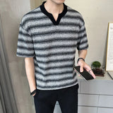 Riolio  Fashion Men Striped Contrast Color Loose Knit Sweater T-shirts Trendy Casual Short Sleeves Pullover Male Summer
