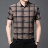 Riolio  Men's Short Sleeved Shirt Summer Plaid Middle aged Business Casual Thin Top