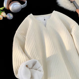 Riolio  Men Textured V Neck Long Sleeve T-Shirt Fleece Lined Warm Casual Loose Basic Undershirt Tops