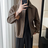 Riolio  New Autumn Men's Casual Textured PU Jacket High Street Zip-up Turn-down Collar Solid Color Long Sleeve Retro Coats M-3XL