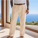 Riolio  Solid Color Pleated Linen Suit Pants For Men Elastic High Waist Straight Wide Leg Trousers Summer Office Casual Beach trousers