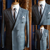 Riolio  Men's Suit One Piece Blazer Double Breasted Peaked Lapel Plaid Stripes Business Slim Formal Wedding Groom