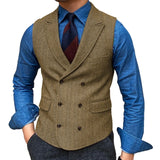 Riolio  Men Vest Brown Herringbone With Lapel Waistcoat Vintage Regular Slim Business Banquet Business Casual Men Suit Vest