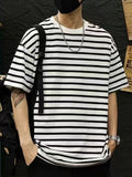Riolio  New Striped Summer Loose American Trendy T Shirt Round Neck Casual Short Sleeve Top for Men