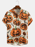 Riolio Men's Halloween Pumpkin Graphic Print Short Sleeve Shirt Retro Funny Pumpkin Element Pattern Party Wear