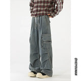 Riolio Loose straight Jeans Men Denim Cargo Pants Wash Solid Color Multi Pockets Casual Mid Waist Trousers Unisex Daily Wear Joggers