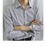 Riolio  New Korean Style Slim Striped Long-sleeved Shirt for Men Hong Kong Style Casual Retro Square Collar Loose Large Size Men's Shirt