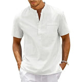Riolio Cotton Linen Shirt Men Henley Neck Pocket Casual Beach Short Sleeve Solid Color Male Tops T-shirts Vintage Streetwear