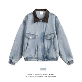 Riolio  New Autumn Winter Men Denim Jacket Color Block Collar Fashion Large Pockets Outdoor Casual Coat Streetwear Trending Outerwear