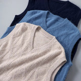 Riolio Men's New 100% Pure Mink Cashmere Waistcoat V-Neck Jacquard Sleeveless Vest Casual Warm Knit Sweater Wear Base Coat Loose Jumper