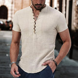 Riolio New Men's Short Sleeve Tshirt V neck button Cotton Linen Shirt Men's Casual Clothes Popular Tops for Men