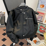 Riolio American Retro Pattern PU Leather Short Jacket Men Women Vintage Deconstructed Atmosphere Casual Couple Trendy High-end Jacket