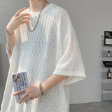 Riolio  Summer Texture Short Sleeve Men T Shirt Korean Style Loose O Neck Fashion Casual  Cool Tshirt Oversized Hollow out Tops White