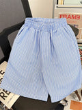 Riolio  Blue Striped Beach orts ex Summer Loose Casual Dstring Mid-Thigh Beach Vaion Couple's Five-Quarter Length Pants
